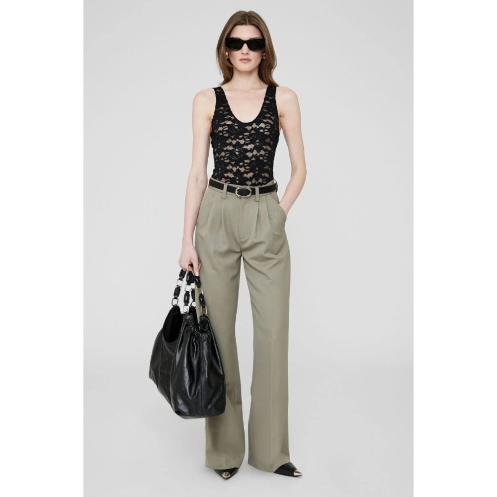 Anine Bing Carrie Pant Womens 24 Green Khaki Wool Pleated Trouser Straight Leg